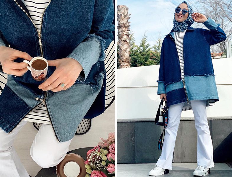 Denim Trençkot - Çizgili Tişört Kombini